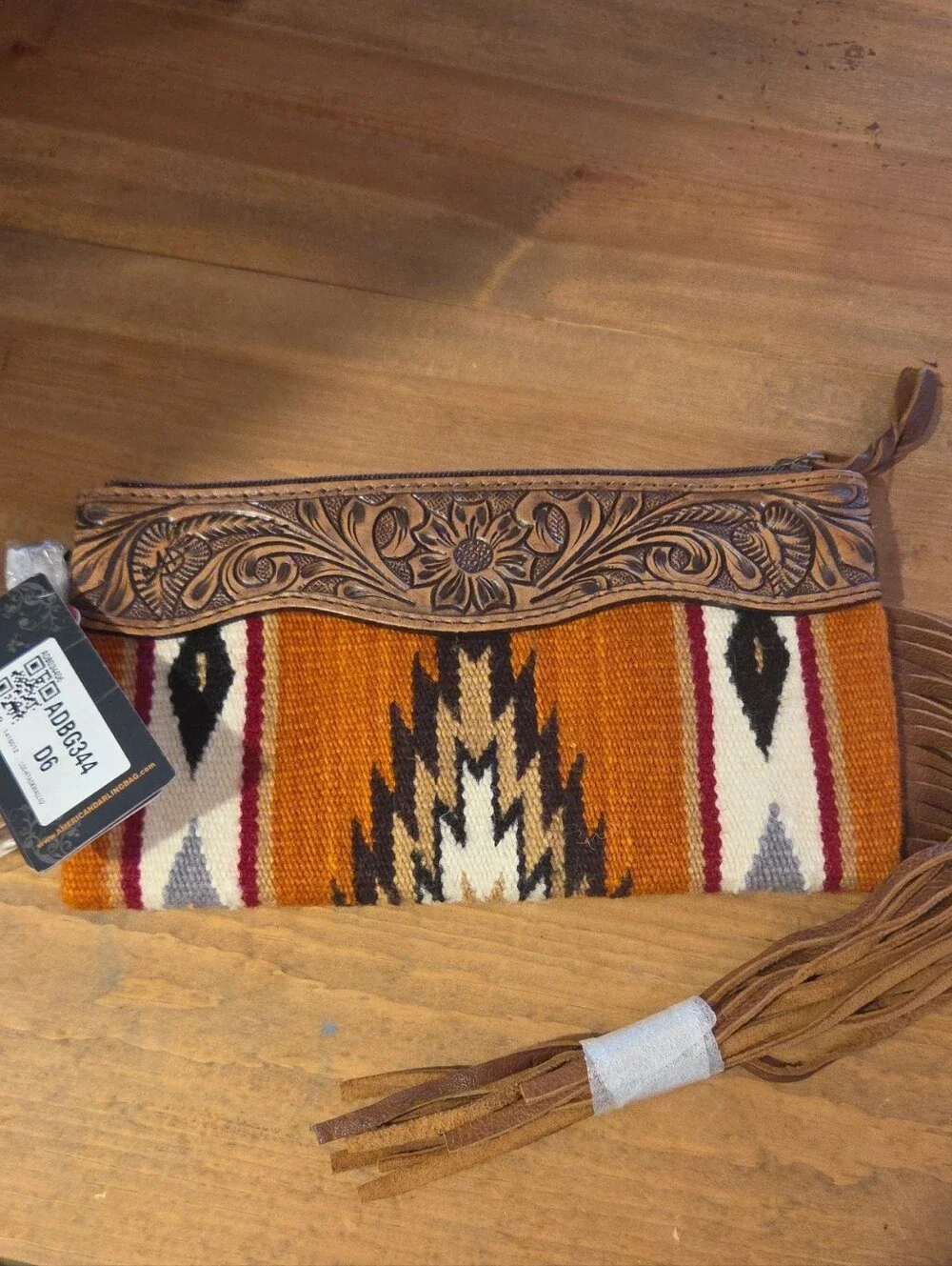 American Darling Hand-Tooled Leather Fringe Orange Southwestern Clutch Wristle